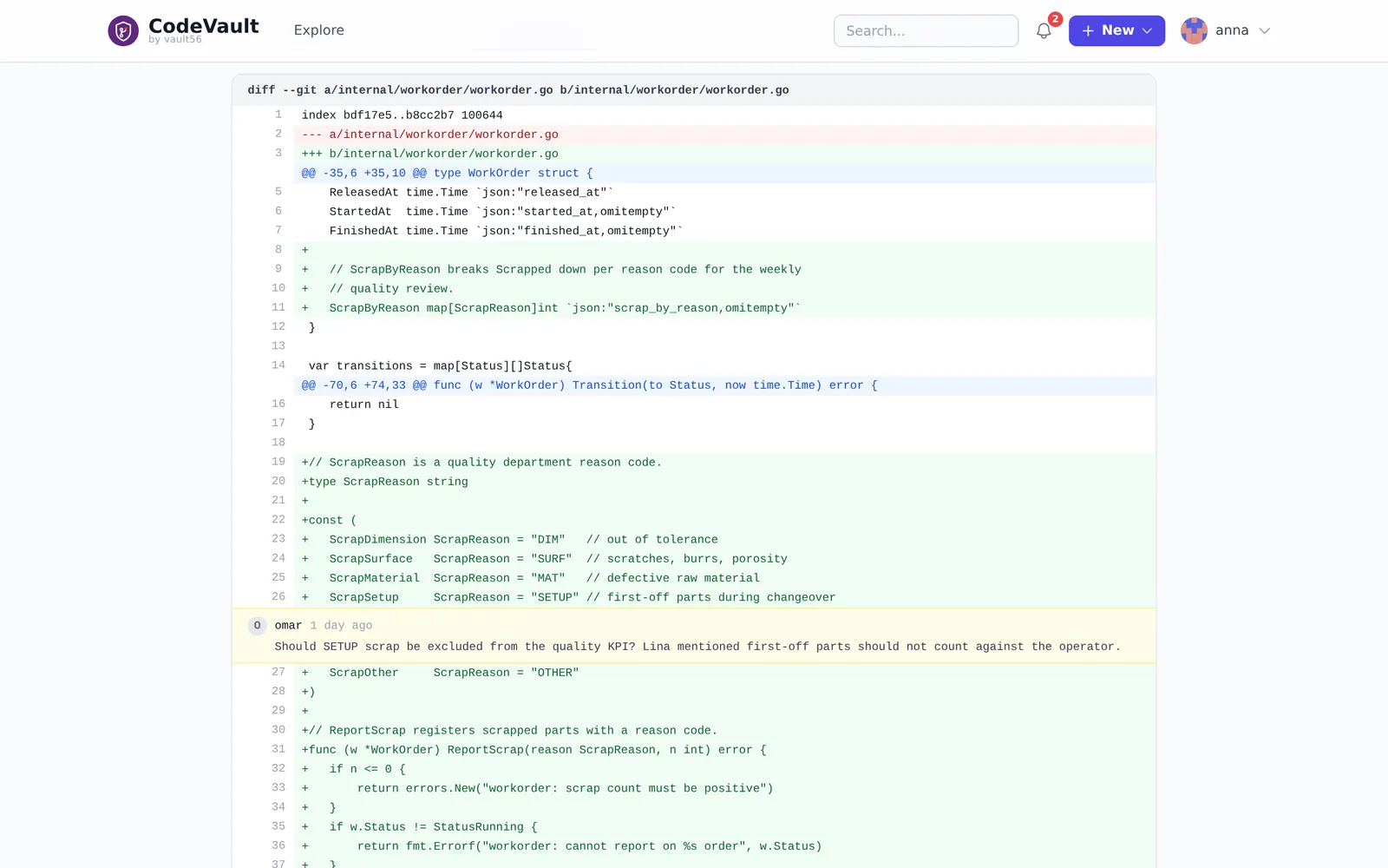 CodeVault pull request review with comments