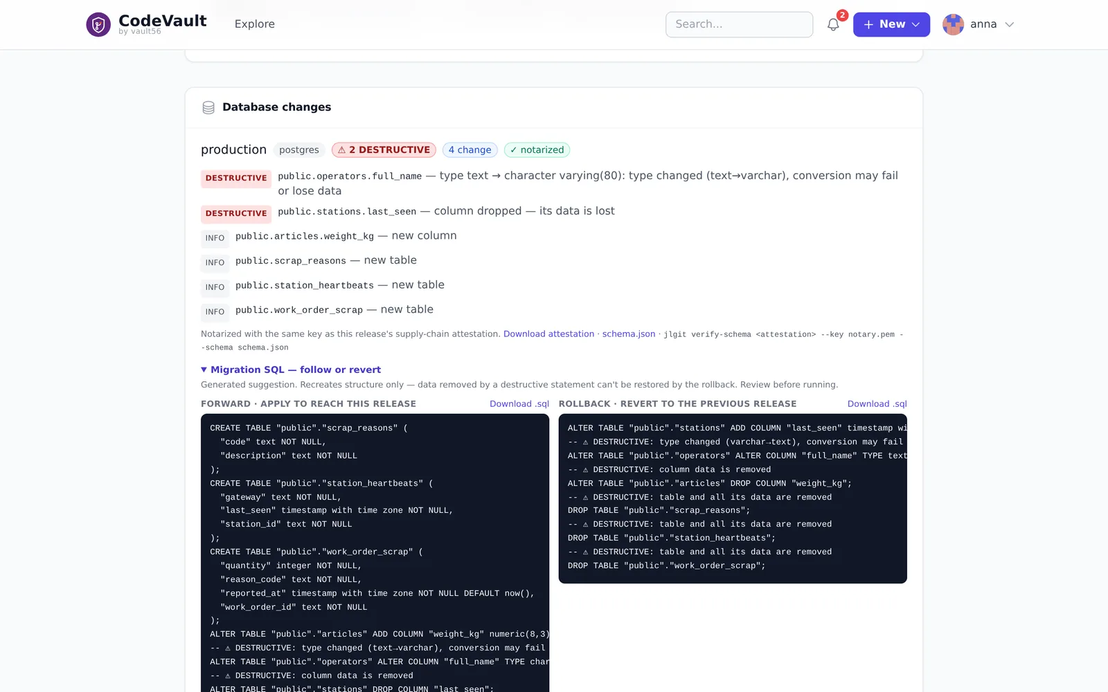 CodeVault release showing database changes, with destructive changes flagged and forward and rollback SQL