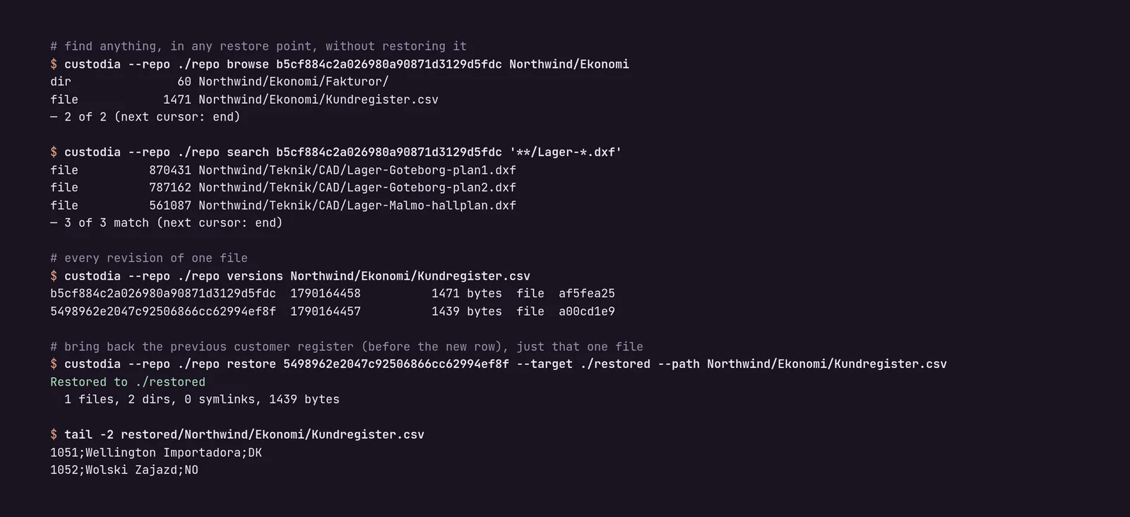 Custodia browsing a snapshot, listing file versions and restoring one file