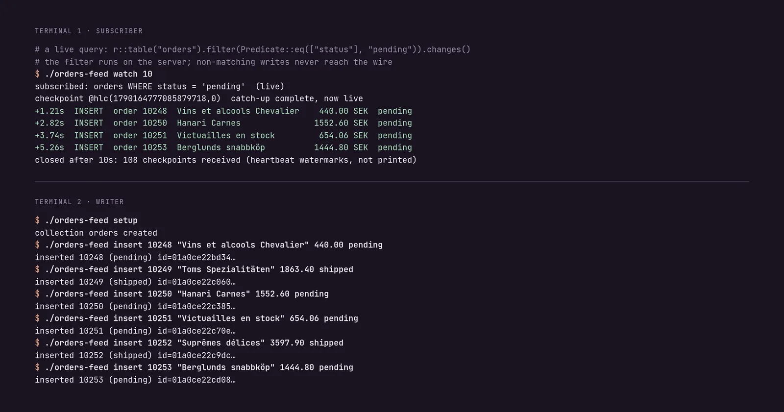 A DataStorm changefeed receiving rows as they are inserted