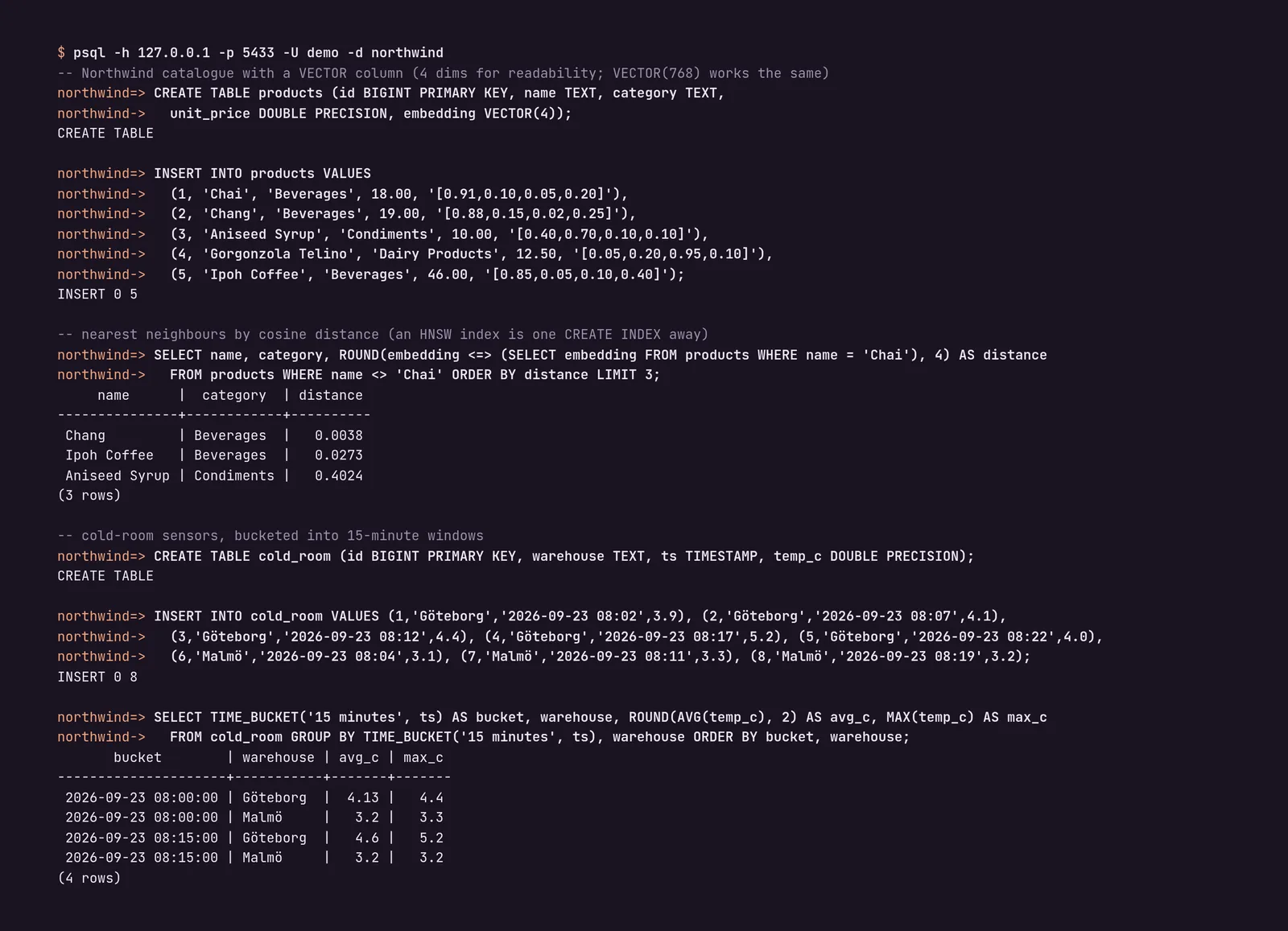 psql session against DataStorm with a vector similarity query