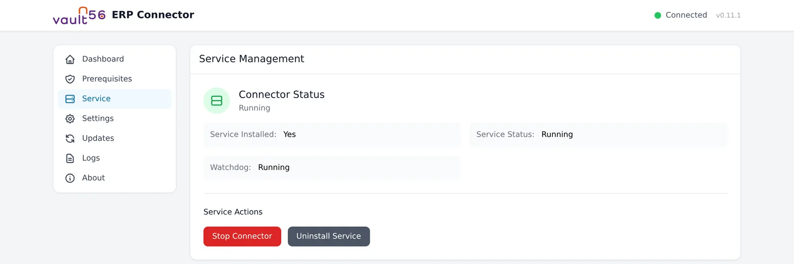 ERP Connector running as a service with its watchdog