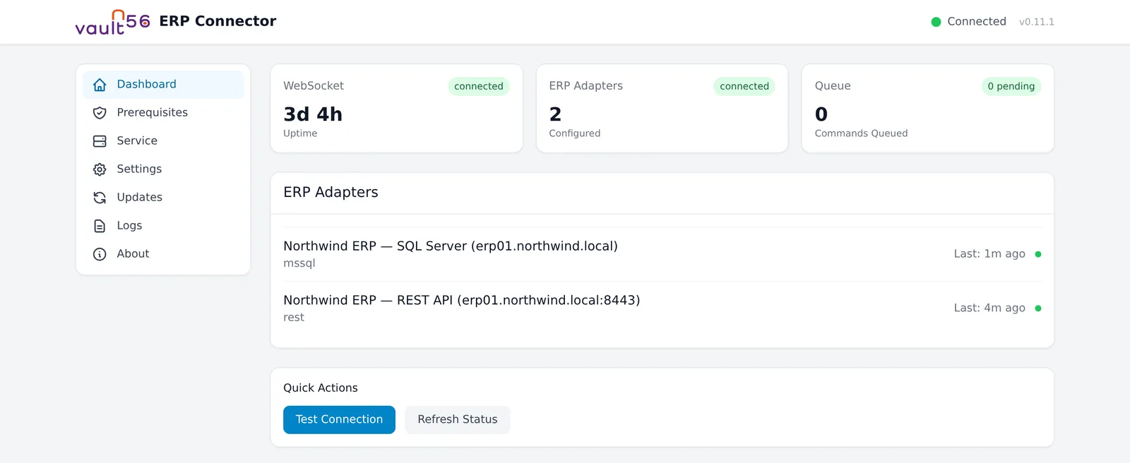 ERP Connector desktop app showing a healthy connection