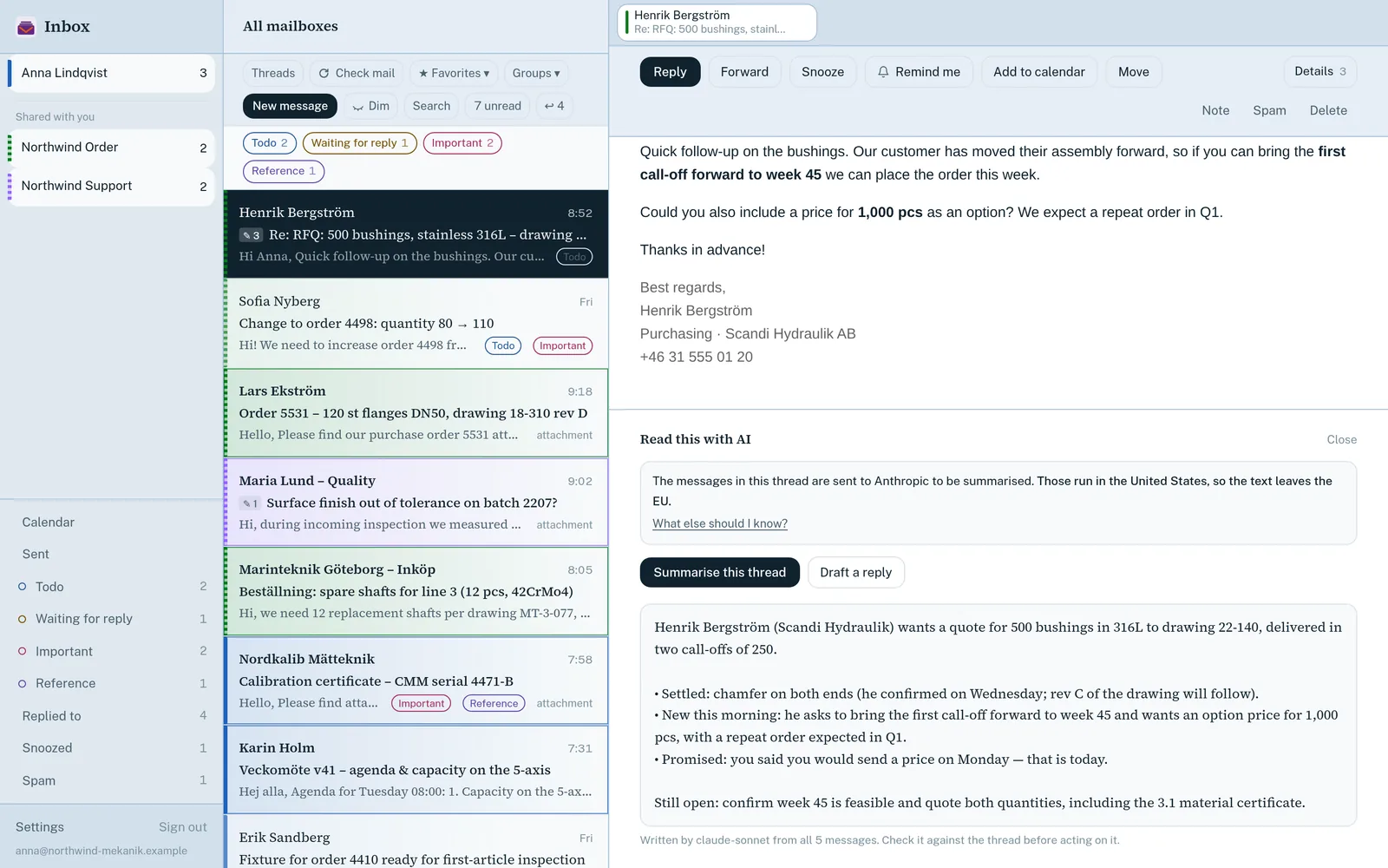 An AI summary of an email thread in Inbox, with the notice about where the text is sent