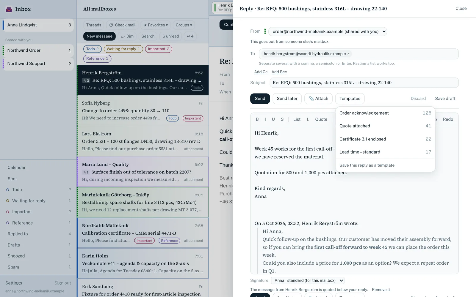 Replying from a shared mailbox in Inbox, with the templates menu open