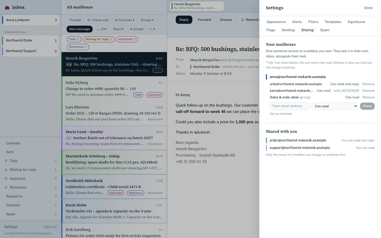 Inbox settings: a mailbox shared with colleagues and a group, with read-only and read-and-reply access