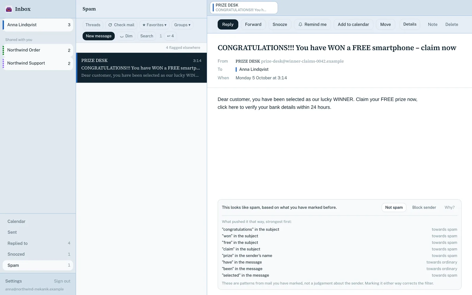 Inbox spam filter showing which words pushed a message towards spam