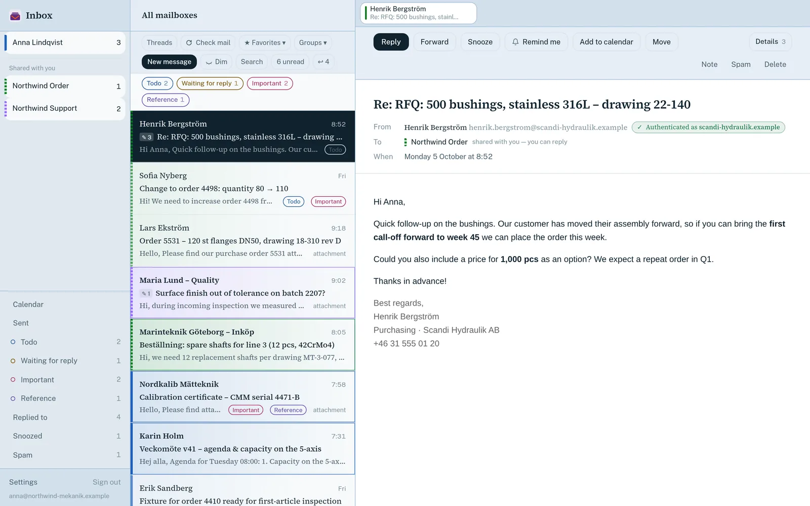 Inbox showing three colour-coded mailboxes in one list, with a customer request open