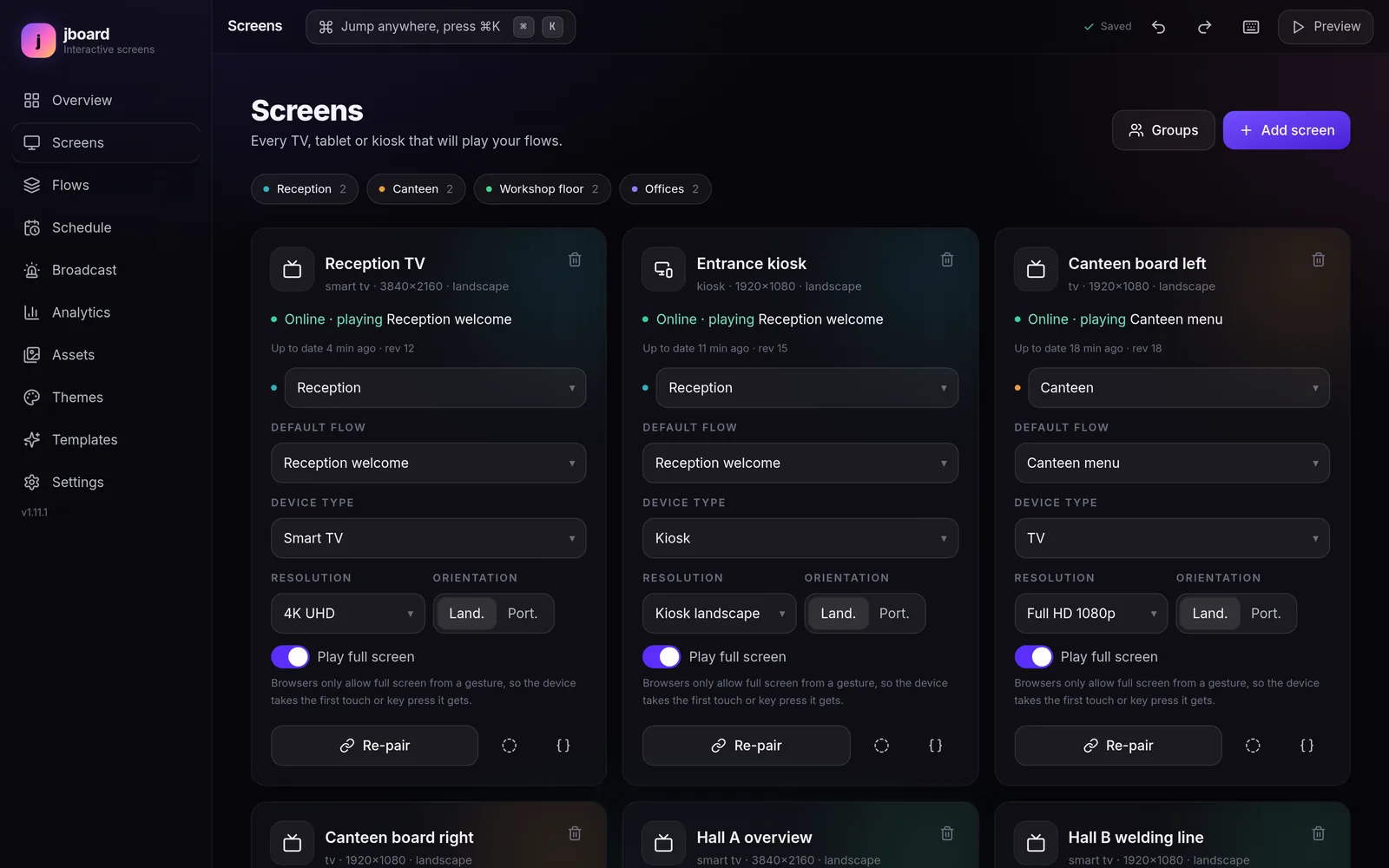 jboard screens overview with online devices
