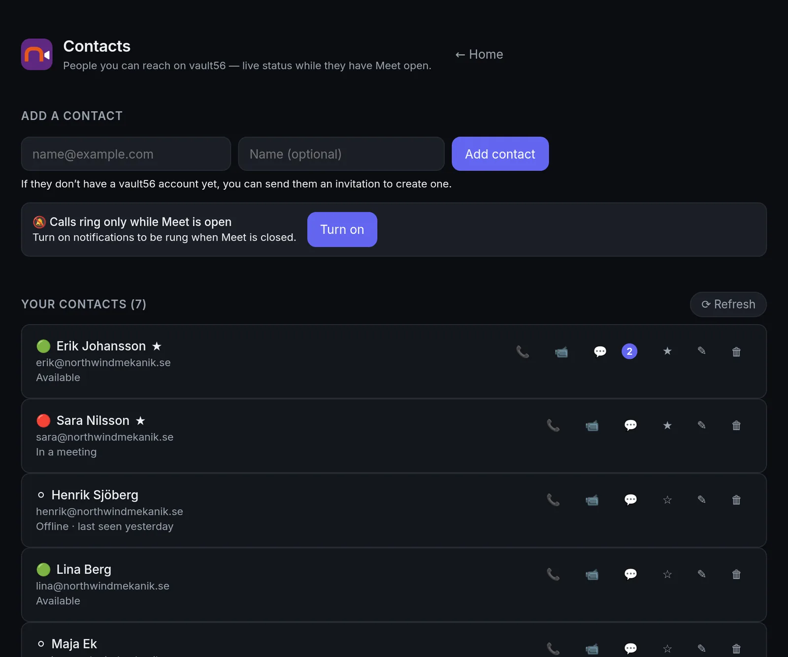 Meet contacts showing who is available, in a meeting, away or offline