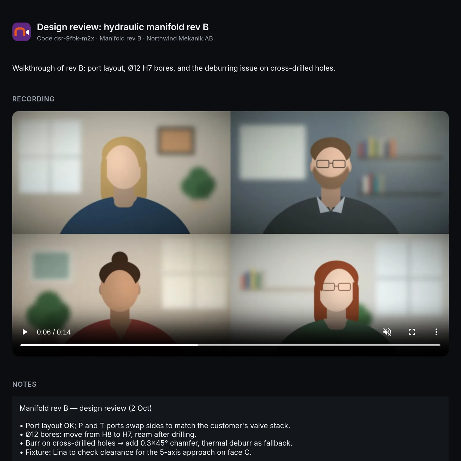 Replaying a recorded Meet design review, with the meeting notes below