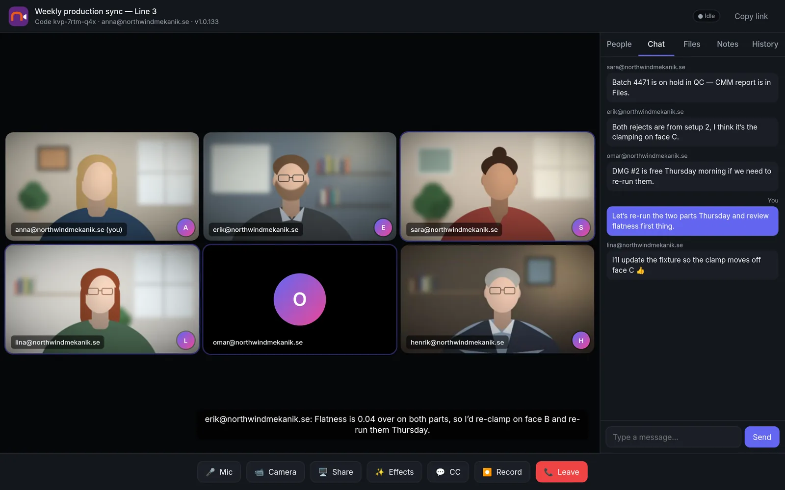 A Meet video meeting with six participants, chat and live captions