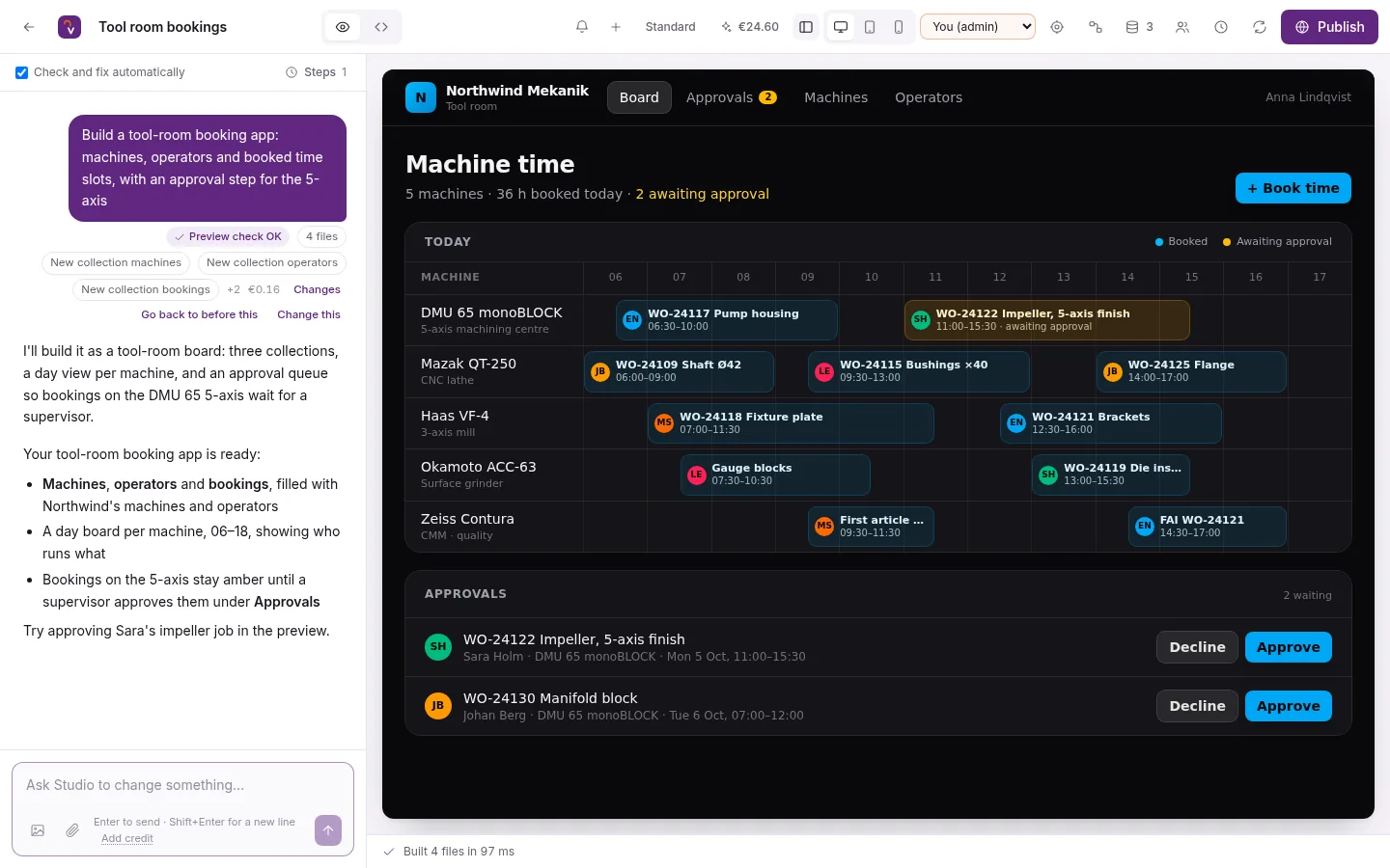 vault56 AI Studio after building a tool-room booking app: three new data collections in the chat and the working app in the preview