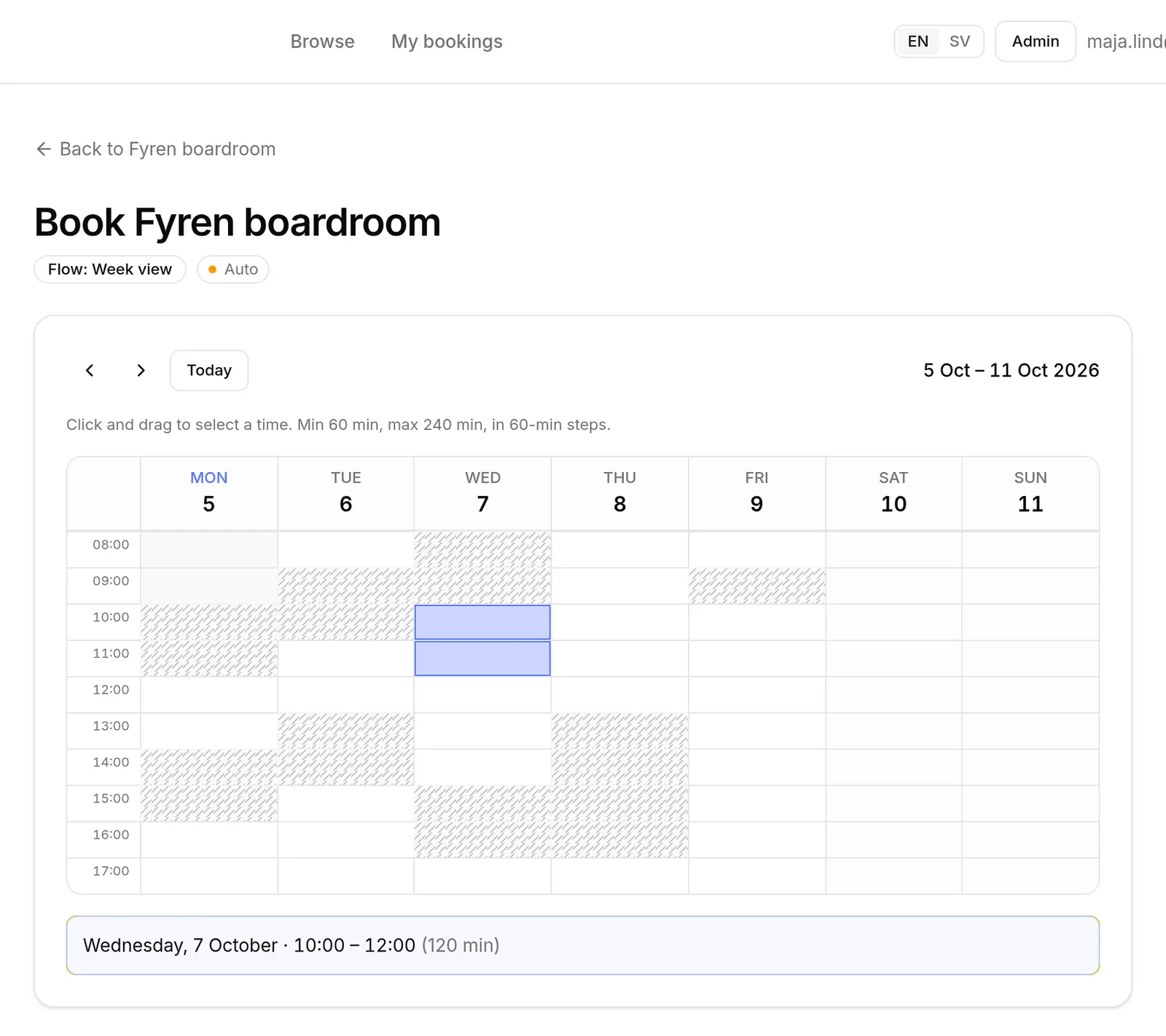 Booking a boardroom in Portal's week view, with booked slots and a two-hour selection