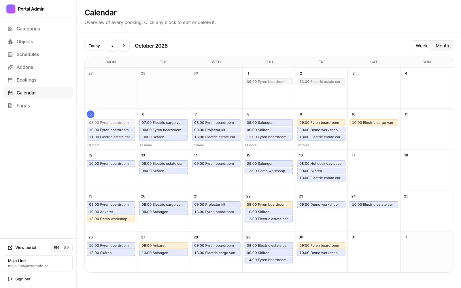 Portal admin calendar with a month of bookings