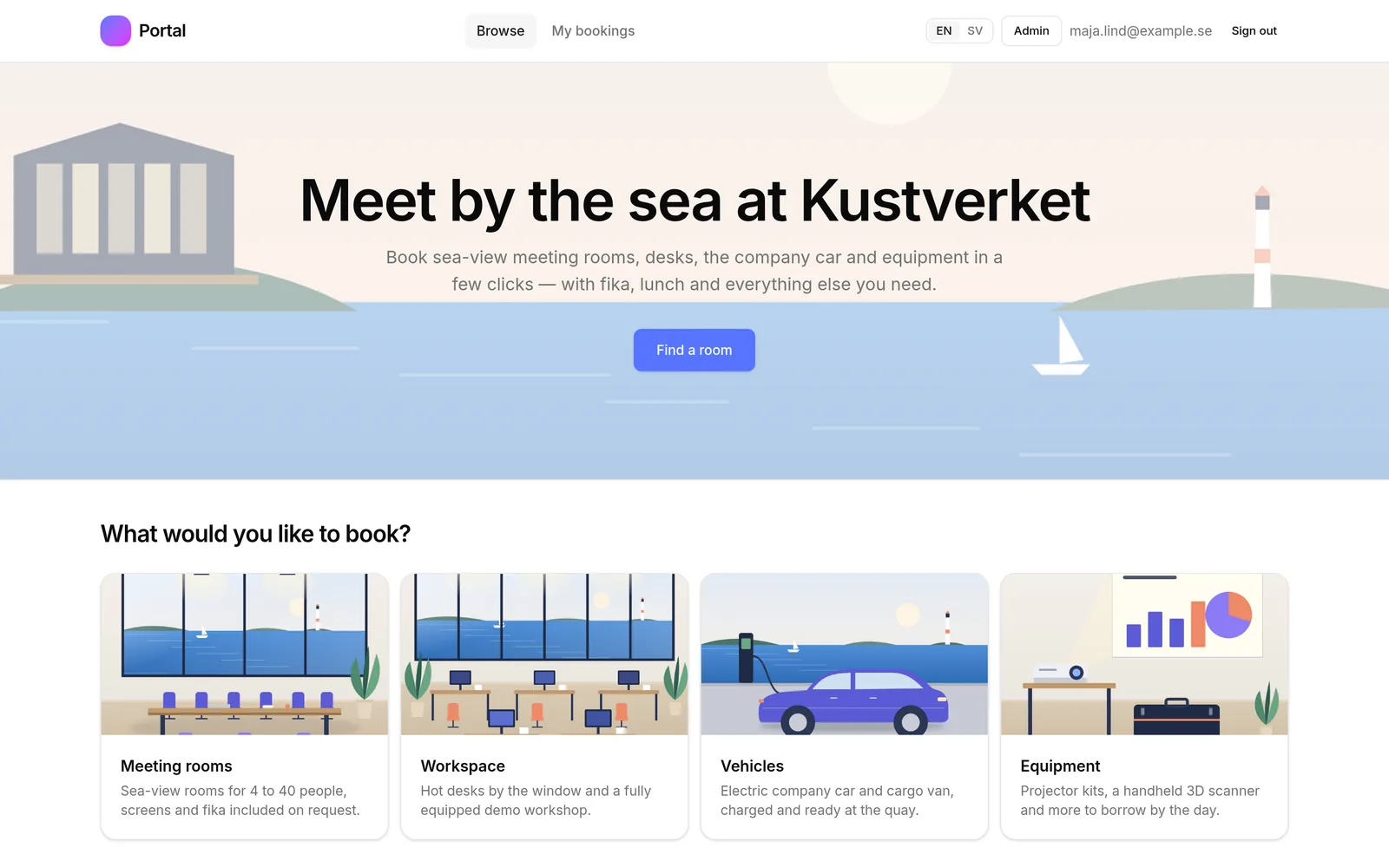 A Portal landing page for a seaside meeting venue, with categories to book