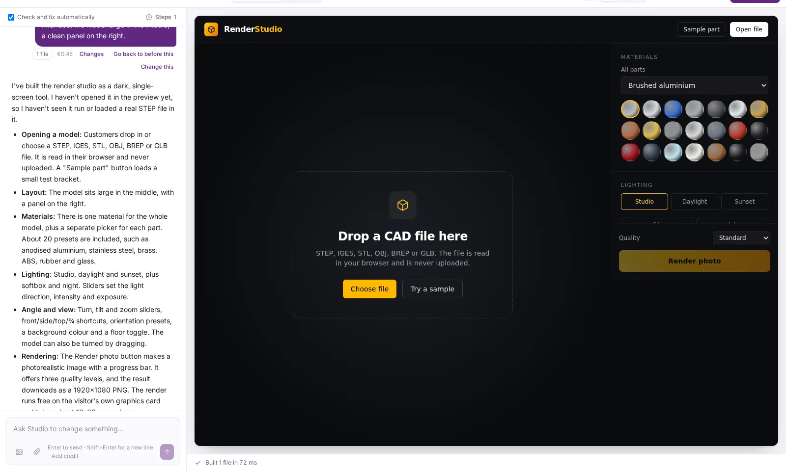 AI Studio after building a CAD render studio from a single paragraph