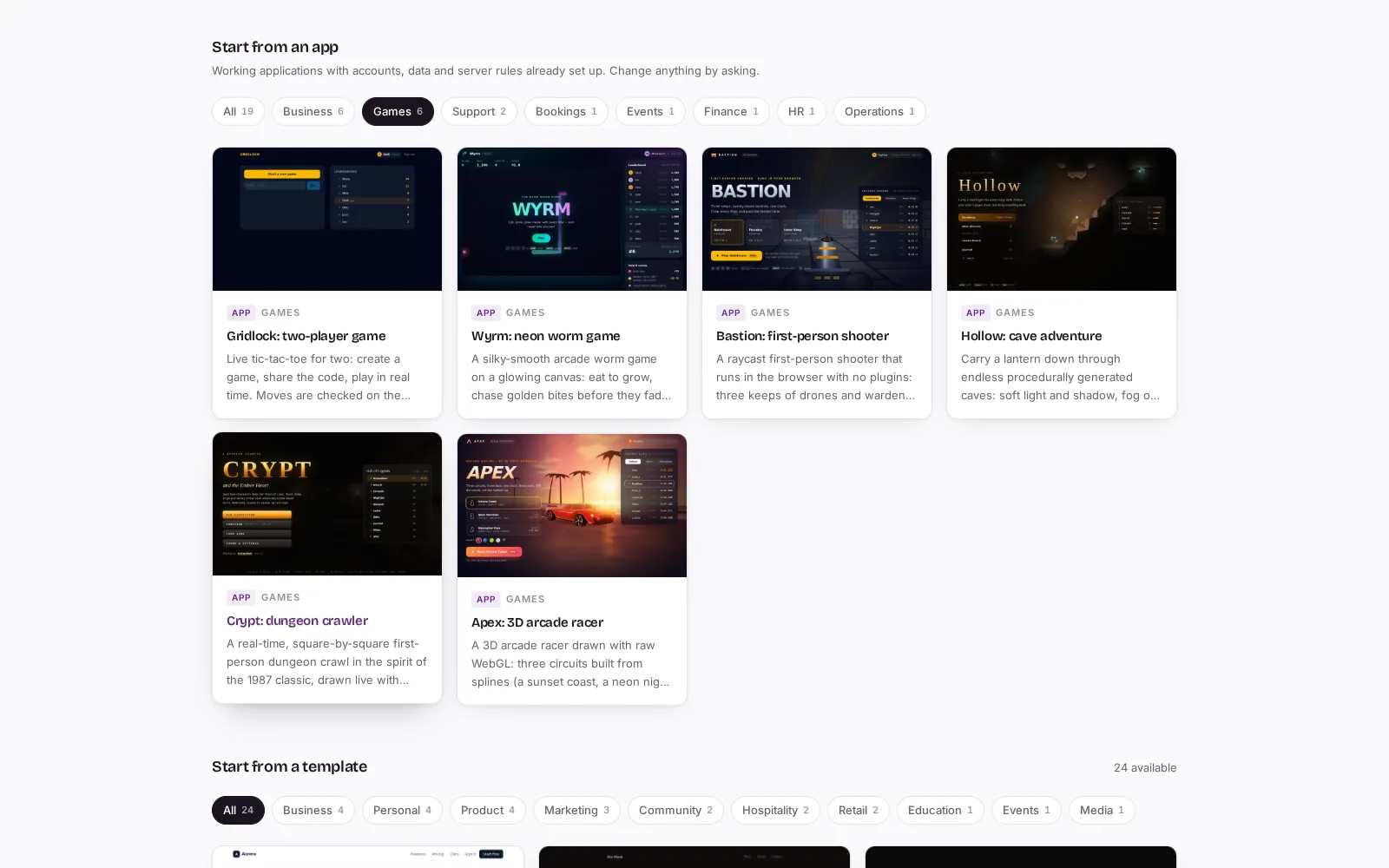 The AI Studio template gallery showing working games